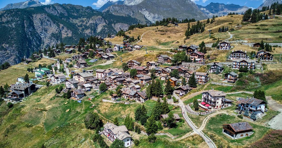 Veduta dall'alto del borgo di Chamois tra i prati alpini della Valtournenche